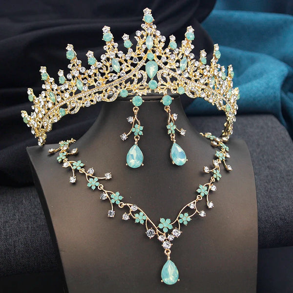 Opal Green Tiaras and earrings necklace Set for Women Bridal Jewelry Sets Wedding Dress Crown Bride Prom Costume Accessories