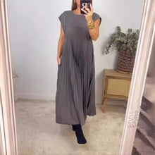 Loose Solid Color Loose Waist Large Hem Long Dress Summer New Fashion O-Neck Sleeveless Pleated Maxi Women's Dress Femme Robe