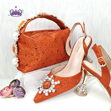 JMF New arrive Italian Design Blue Women's Fashion Rhinestone Pearl Point Toe Stiletto Heels Sandals Women's Shoes & Bag Set