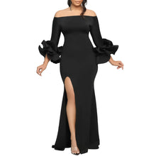 Elegant Sexy Side Slit Long Dress For Women Independent Stand Trade Clothing One-character Collar Leaf Sleeves Evening Dress