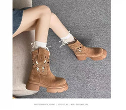 2025 New Women's Suede Western Cowboy Boots, Thick Sole Vintage Cutout, Breathable Elevated Heel, Summer Ankle Boots