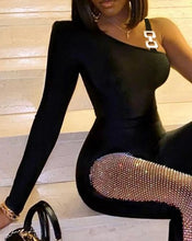 Women's Spring Fashion Rhinestone Fishnet Patch Sexy Jumpsuit