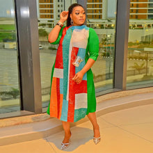2023 Fashion African 3/4 Sleeve Polyester Plus Size O-Neck Pleated Long Dress Dashiki African Clothes African Dresses for Women