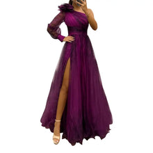 2024 Womens Evening Dress One Shoulder Pleated Pleated Mesh Single Long Sleeve Slim Waist A-line Floor Length Slit Banquet Dress