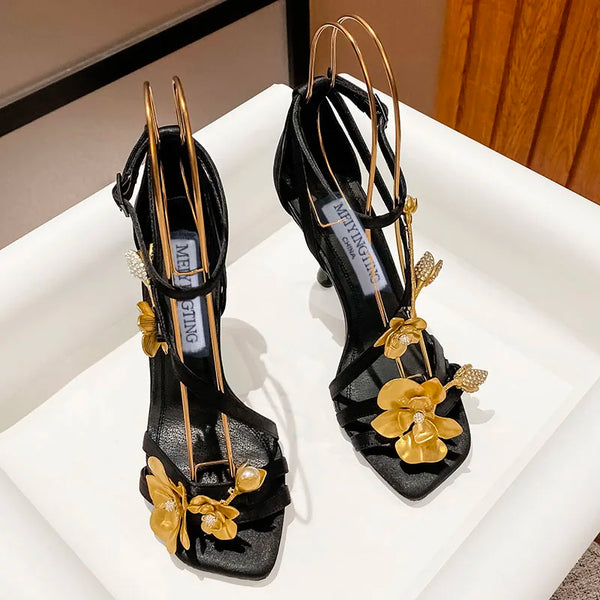 Black High Heel Sandal sGold Flower Metal Strap Design Fashion Hot Selling