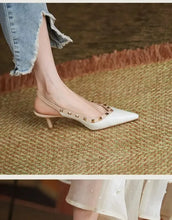Women Sandals Rivets Pointed Toe Slingbacks Patent Leather Mid Heels Pumps Blue Snakeskin Pattern Slip on Sandalias Mujer