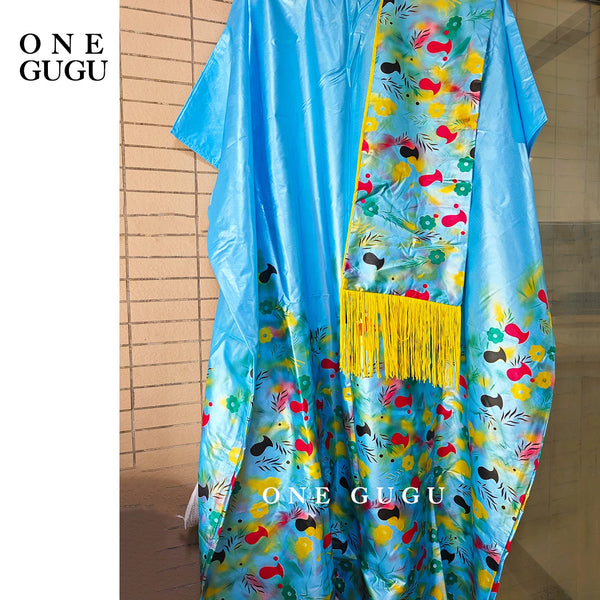 First Quality Hot Stamping Printing African Traditional Dashiki Basin Wedding Dress Blue Bazin Riche Boubou With Tassel Shawl