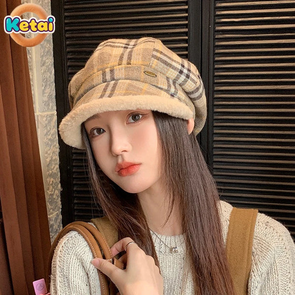 Winter Vintage Plaid Plush Warm Octagonal Women's Hat