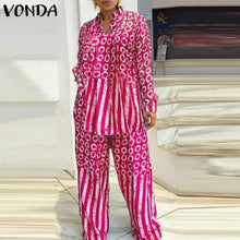 Plus Size 5XL VONDA Women Matching Sets 2024 Fashion Long Sleeve Suits Polka Dot Striped Shirts And Elastic Waist Pant Sets