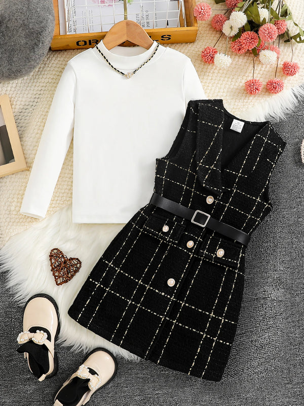 Spring 2025 Fashion Kids 2-piece ceremonial dress for cute girls  Solid color crew neck shirt + plaid lapel skirt suit