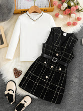 Spring 2025 Fashion Kids 2-piece ceremonial dress for cute girls  Solid color crew neck shirt + plaid lapel skirt suit