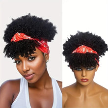 Short Kinky Curly Headband Wig Afro Puff Curly Headband Wig with Bangs for Women Natural Ombre Blonde Synthetic Turban Wrap Wig