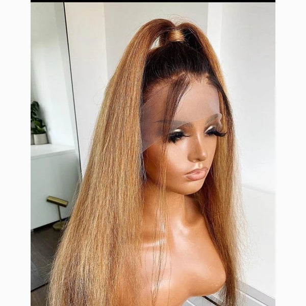 Yaki 26 inch 180Density Soft Long Ombre Blonde Kinky Straight Lace Front Wig For Women With BabyHair Preplucked Natural Hairline