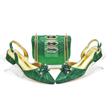 Ladies Shoe and Bag Set Latest Designers Low Heels Elegant Wedding Italian Shoes Bag Set Withn Rhinestone Green Shoe and Purse