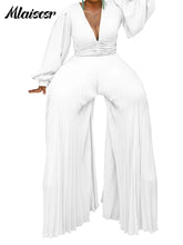Mlaiscsr Elegant Evening Party Jumpsuit Long Sleeved Waist Pearl Bead Mesh Loose Wide Leg Pleated Long Dinner One Pieces Rompers