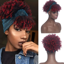 Short Kinky Curly Headband Wig Afro Puff Curly Headband Wig with Bangs for Women Natural Ombre Blonde Synthetic Turban Wrap Wig