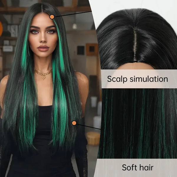 Long Black Green Mix Cospaly Wig Synthetic Hair High Quality Wig for Women Party Daily Use Heat Resistant Straight Natural Wigs