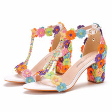 Plus Size 34-43 Shoes for Women Summer Lace Flower Sandals Peep Toe Fashion String Bead High Heel Party Wedding Evening Shoes