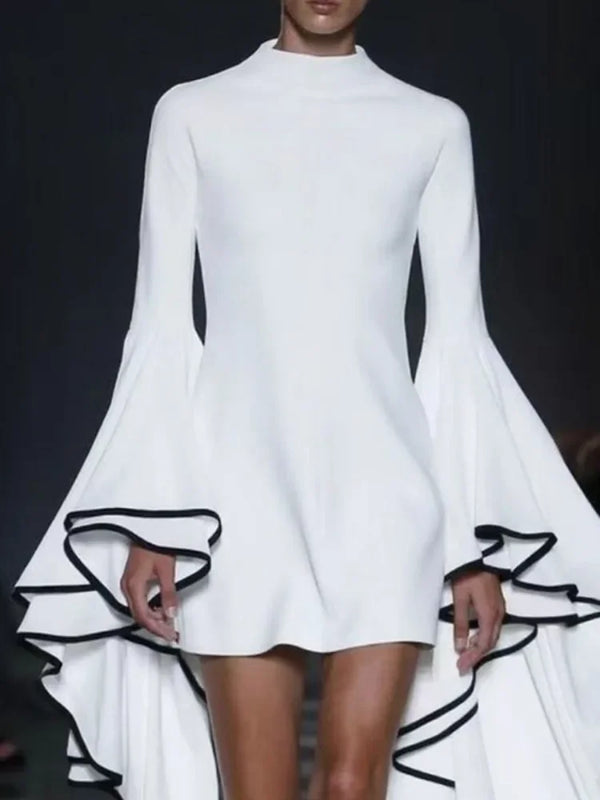 Yeezzi Women Fashion Elegant Flared Sleeves Party Evening Mini Dresses 2024 New Autumn Stand Collar Slim Fit White A-line Dress