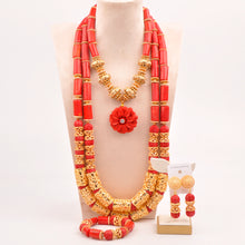 Natural coral beads orange necklace set for stylish Nigerian wedding couple African jewelry