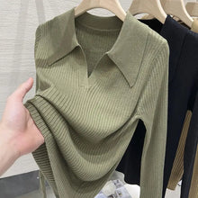 New 2025 Women's Turn-down Collar Long Sleeve Knitted Shirts Tops Solid Thin Sweater Female Elegant Knitwear Jumper Pullovers