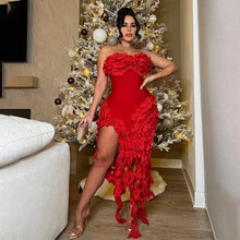 Women Strapless Ruffles Tassel Splicing Irregular Birthday Bodycon Midi Maxi Dress 2025 Even Sexy Party Dresses Vestidos