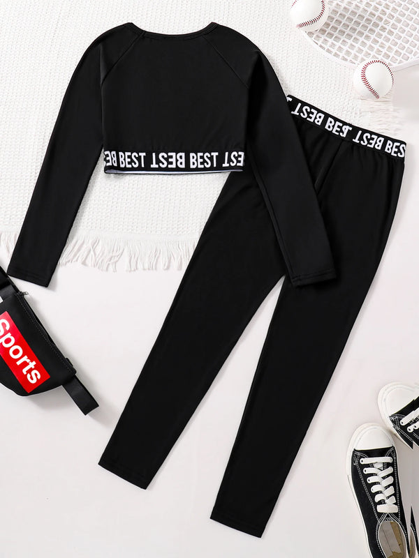 Children's clothing girls' fashion set with English printed round neck long sleeves and black slim fit pants 2-piece set