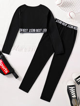 Children's clothing girls' fashion set with English printed round neck long sleeves and black slim fit pants 2-piece set