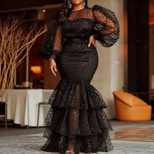 Women's Polka Dot Sheer Organza O Neck Long Lantern Sleeve Ruffles Dress