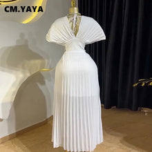 CM.YAYA Women Short Sleeve V-neck Elegant Long Pleated Dress 2025 Sweet Holiday Beach Evening Sexy Girl Party Dresses Vestidos