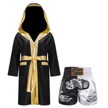 Kids Boys Boxing Sets Sports Outfits Halloween Cosplay Costume Long Sleeve Open Front Robe Satin Hooded Cloak with Belt Shorts