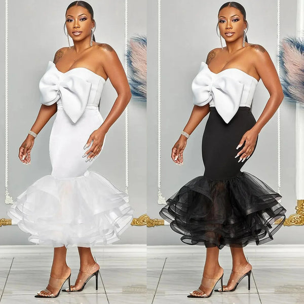 K2825 Sexy Slimming European Style Color Blocking Strapless Bow Mesh Bodycon Skirt Suit Smooths Your Silhouette