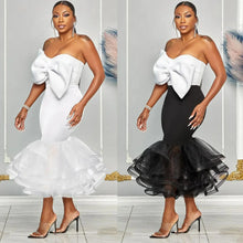 K2825 Sexy Slimming European Style Color Blocking Strapless Bow Mesh Bodycon Skirt Suit Smooths Your Silhouette