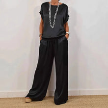 Casual Loose Satin T Shirt Pants Two Piece Sets Women Fashion O-neck Short Sleeve T Shirts Suit Spring Summer Wide Leg Pant Sets