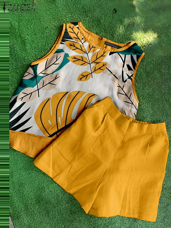 ZANZEA Casual Women 2-Pieces Sets Vacation Loose Floral Print Asymmetrical Hem Top Solid Shorts 2pcs Outfits 2025 Summer Suits