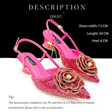 QSGFC Shiny Gold Color Shoes and Bag Elegant Handbags and Medium Heel Shoes Beautiful Handmade Flowers For Wedding Party