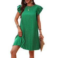 2024 Summer Women Loose Pleated Beach  Solid Dress Ruffle Sleeve Sweetheart Pleated Dress Mini Dress Elegant Green Dresses