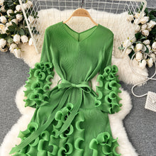 European Court Style Dress Miyake for Women A Design Sense Tassel V-neck Slim Fit Long High-temperature Pleated Flared Sleeve