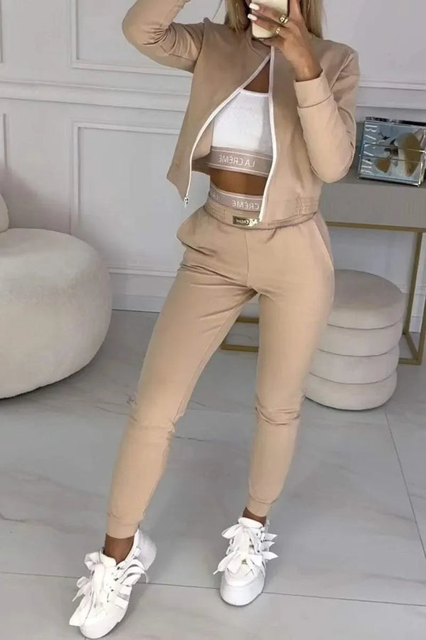 Sporty Casual Long Sleeve Zipper Solid Jacket 3 Pieces Set Women Autumn Workout Skinny Tank Tops Coat + Pants Matching Set Mujer