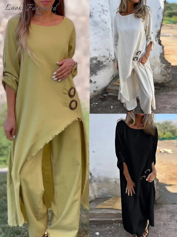 Casual Pants Set Women Loose Irregular O-neck Half Sleeves Pullover  Wide Leg Pants Sets Female Spring Summer Stylish Suit Lady