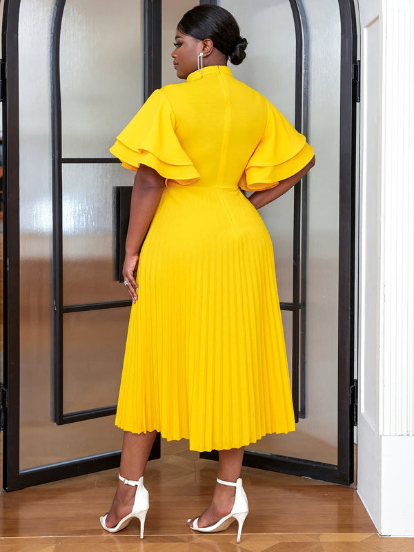 Plus Size A Line Dresses Yellow Butterfly Short Sleeve Cut Out High Waist Office Work Daily Evening Party Outfits for Women 2024