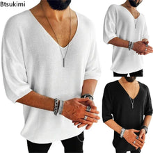 New 2025 Men's Summer Short Sleeve Knit Tops Shirts Casual V-neck British Loose Shirts Male Solid Shirts for Men Fashion Tops
