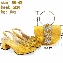 2025 Autumn New Design Specials Italian Women Shoes and Bag Set Comfortable Mid Heels With Rhinestone in Yellow Color