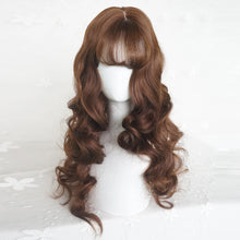 Long Wavy Brown Wig with Bangs Synthetic Women Lolita Cosplay Fluffy Natural Heat Resistant Hair Wig for Daily Party