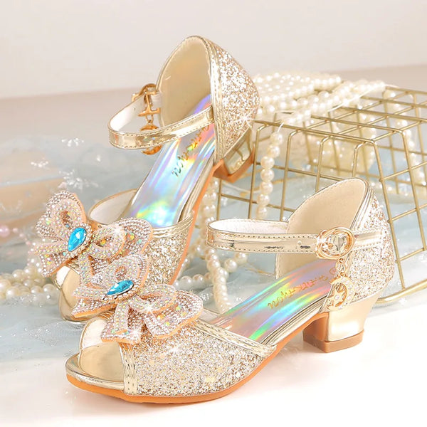 Summer Girls Sandals With Heel Fashion Rhinestone Shiny Glitter Shoes Children Princess Bowtie Dancing Shoes H876