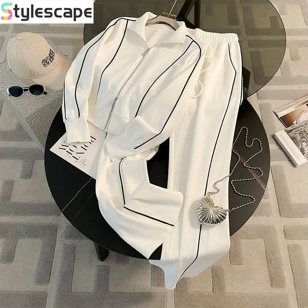 Sports Suit for Women, Autumn Fashion, Casual, Age Reducing, Western-style Zipper Sweatshirt, Wide Leg Pants Two-piece Set pants