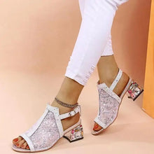 2023 New Women Summer Fashion Mid Heels Peep Toe Shoes for Women Glitter Sandals Ladies Buckle Strap Bling  Rhinestone Sandals