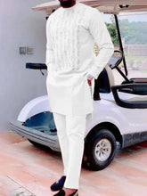 Men's chic casual white geometric print two-piece suit