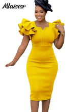 Mlaiscsr Women Square Neck Ruffled Short Sleeve Beading Bag Buttocks Mid Dress Elegant African Birthday Evening Office Lady Robe