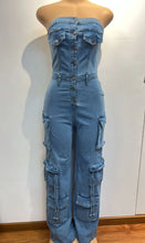 CM.YAYA Women Strapless Sleeveless Wide Leg Jeans Jumpsuits Button Pockets Cargo Street Night Playsuit One Piece Suit Rompers